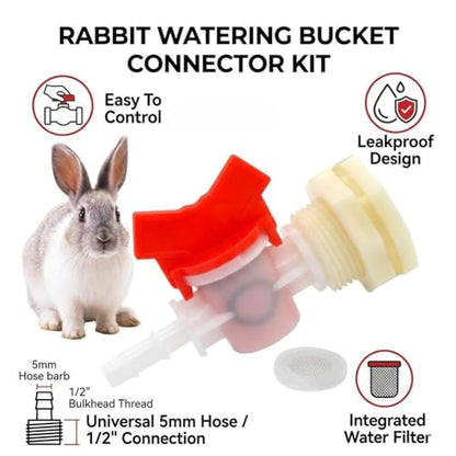 5 Pack Rabbit Watering System Bucket Connector Kit with 1/2 Inch Bulkhead Fitting, 5/16 Inch Barb Ball Valve and Mesh Filter for Automatic Poultry Waterer, Rain Barrel Kit and Animal Water Dispenser