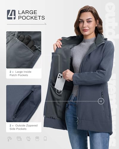 Outdoor Ventures Women's Softshell Jacket with Removable Hood Fleece Lined Windbreaker Insulated Long Warm Rain Jacket - color: Grey Blue Heather, size: 3X-Large