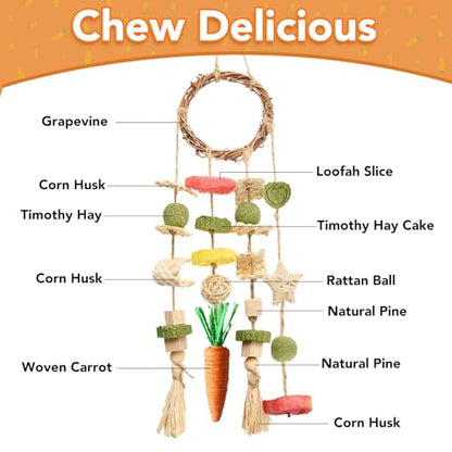 Jorewood Rabbit Chew Toys Bunny Cage Hanging Toy and Treats Rattan Ring with Snacks for Rodent Pets Teeth Healthy - size: 1 count