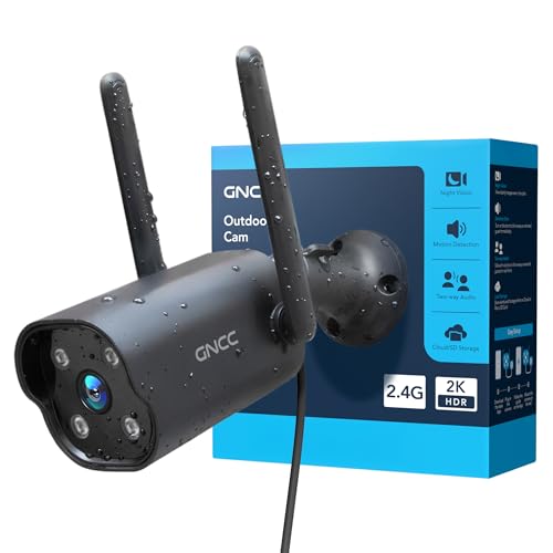 GNCC 2K Outdoor Security Camera, 24/7 Recording, Plug-in, AI, Black-1P | Plug-In, 9.85ft Cord, No Battery, AI Detect, 2-Way, IP65, Alexa, SD Free, Cloud Opt, 2.4G WiFi Only, Easy Install - color: Black-1P