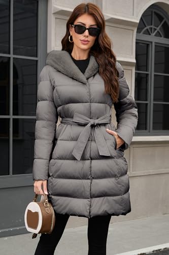PAPILLON D'OR WEAR YOUR WINGS Women's Long Puffer Coat with Belt, Hood & Furry Lining - Knee-Length Winter Jacket - color: Mink-gray, size: X-Large