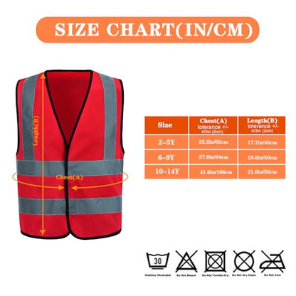 AYKRM Kids High visibility viz vest hi vis viz reflective safety vests - color: Red, size: 6-9Y