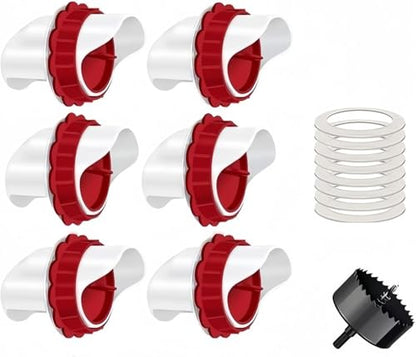 Chicken Feeders No Waste, DIY Automatic Poultry Feeder 6 Ports 1 Hole Saw with Covers Gravity Feed Kit for Buckets Barrels Bins Troughs (Red, 6) - size: 6