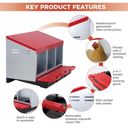 3-Compartment Chicken Nesting Box for Hens – Roll-Out Egg Trays, Removable Galvanized Steel Tray, Perch, Easy-Clean, Wall Mount or Freestanding – Sturdy Poultry Coop Laying Box – Red, Three Grids