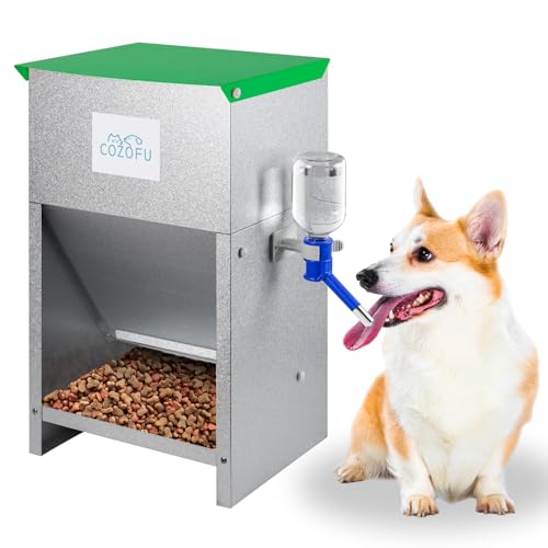 Automatic Gravity-Fed Dog Feeder with Water Bowl - Galvanized Steel Indoor/Outdoor Pet Food Station - 25lb Heavy-Duty Kibble Dispenser for All Dog Sizes - color: Green(25LB)(Kettle)