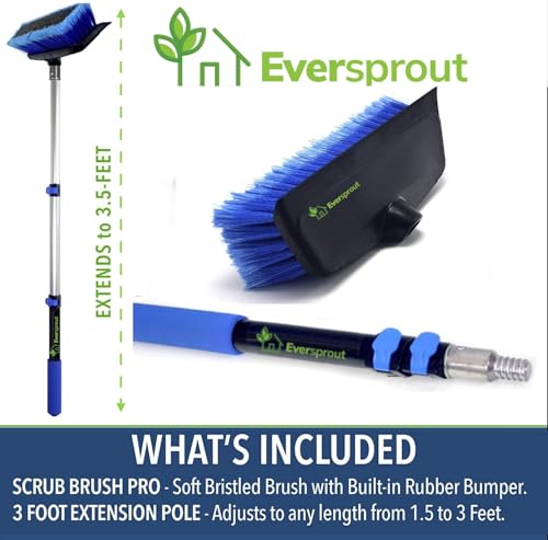 EVERSPROUT 1.5-to-3 Foot Scrub Brush | Built-in Rubber Bumper | Lightweight Extension Pole Handle | Soft Bristles wash Car, RV, Boat, Solar Panel, Deck | Shower Brush for Cleaning | Floor Brush - size: 3 feet