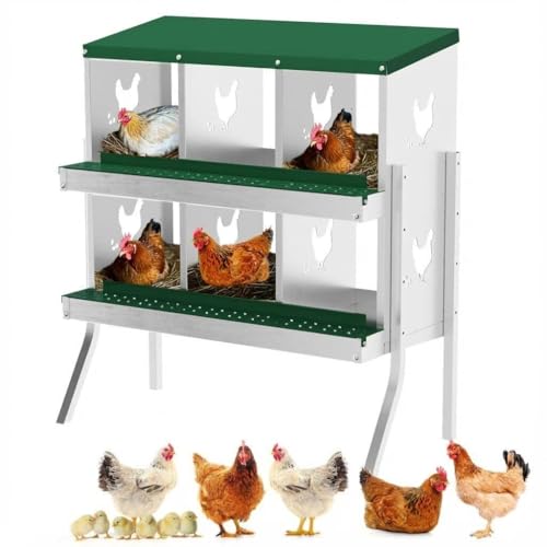 Chicken Nesting Box,6 Holes Galvanized Steel Metal Chicken Laying Box with Automatic Roll-Away Egg Collection System & Removable Tray,Wall Mount Nesting Boxes - color: Green, size: 6 Holes with Legs
