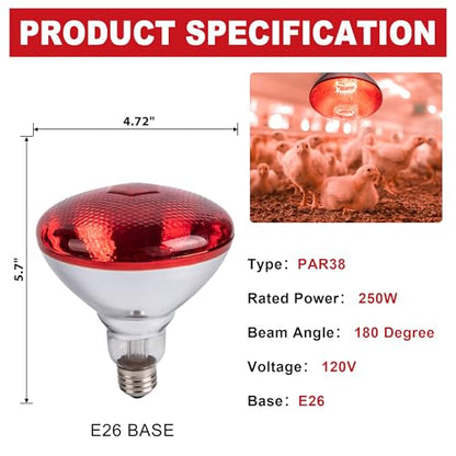 250W Chicken Heat Lamp Bulbs, PAR38 Heat Lamp for Chicks, Infrared Reflector Heat Bulb for Brooder Heater, Incandescent Heat Lamp for Pet, Bathroom, Food (2 Pack)