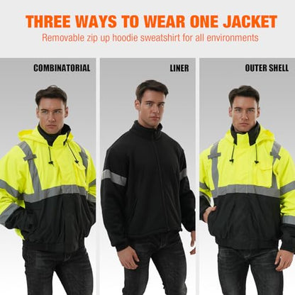 SKSAFETY 3-in-1 High Visibility Winter Bomber Jackets Zip Out Fleece Liner Reflective Safety Coats for men Waterproof ANSI/ISEA Class 3(Lime 4XL) - color: Lime, size: 4X-Large