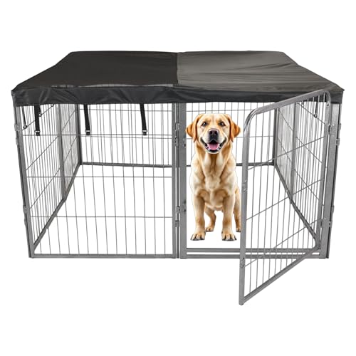 Dog Playpen w/Square Top Shade Cover - 32 inch, 8 Panel Portable Grey Metal Pet Play Pen for Small & Medium Dogs - Indoor/Outdoor Kennel Cage for Home, Yard, RV, or Camping - size: 32 Inch