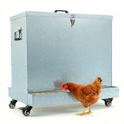 85lbs Metal Chicken Feeder on Wheels, Magicfly Automatic Large Chicken Feeders No Waste Feed Box Poultry Feeder with Latch and Handle, Oyster & Grit Trough for Ducks, Turkeys & Chickens