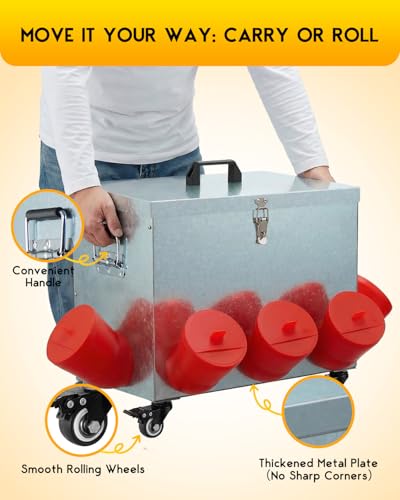 Magicfly 40 lbs Chicken Feeder No Waste, Large Metal Automatic Chicken Feeder Box, 8 Bell-Mouth Feeding Port, with Handle and Wheels, Rat Proof Chick Feeder for Chickens, Ducks & Geese - size: 40 lb
