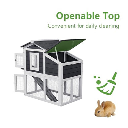 Wooden Rabbit Hutch Indoor,2 Story Bunny House All Weather Use Chicken Duck Coop Small Animal Run Cage with Removable Tray Wire Fence Lockable Doors and Ramp (White) - color: White