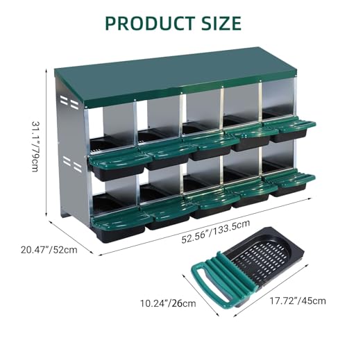 Chicken Nesting Box, 10 Compartment Roll Away Egg Laying Box for Hens, Wall Mounted & Freestanding (2 Modes of Use), Easy Egg Collection, Cleanable Pull Out Nesting Box, Grn, NL - color: Green, size: 10 - Slot