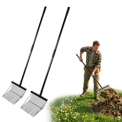 lukar 2 Sets Metal Manure Fork with Long Metal Handle, 18 Tines Manure Fork Head Horse Manure Rake, Heavy Duty Gardening Muck Rake for Picking Up Manure, Grass and Hay