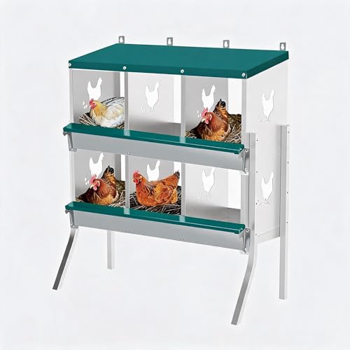 Wall Mounted Chicken Nesting Box – Weather Resistant Galvanized Steel Poultry Nest with 10 Absorbent Pads & 4 Fake Eggs, Egg Roll-Away System & Protective Lid for Coop, Barn, Backyard Hen House - size: 6 Room&Mat eggs