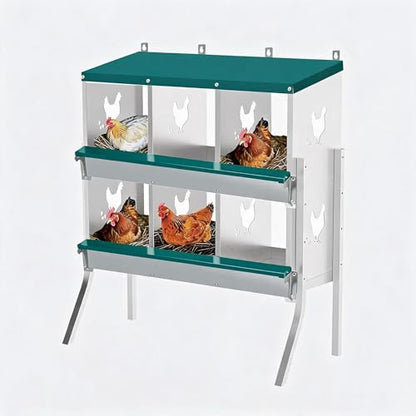 Wall Mounted Chicken Nesting Box – Weather Resistant Galvanized Steel Poultry Nest with 10 Absorbent Pads & 4 Fake Eggs, Egg Roll-Away System & Protective Lid for Coop, Barn, Backyard Hen House - size: 6 Room&Mat eggs