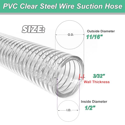 1/2"id-50ft PVC Reinforced Tubing Steel Wire Suction Flexible Hose Vinyl Tubing Heavy Duty PVC Vacuum Hose Drain Fuel Oil Gas Water for Marine Bilge Pump Pond Spa - size: 1/2"ID, style: 50 feet