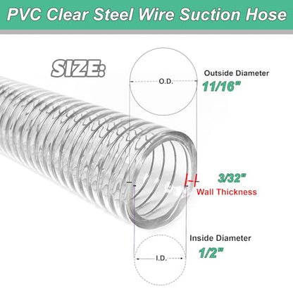 1/2"id-10ft PVC Reinforced Tubing Steel Wire Suction Flexible Hose Vinyl Tubing Heavy Duty PVC Vacuum Hose Drain Fuel Oil Gas Water for Marine Bilge Pump Pond Spa - size: 1/2"ID, style: 10 feet