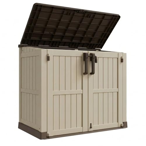 LHBcraft Waterproof Outdoor Storage Box 36 Cu Ft with Lockable Doors, Portable Horizontal Resin Storage Cabinet, Outdoor Storage Shed for Garden - color: Brown-Beige, size: 30.1"×52.1"×44.3"