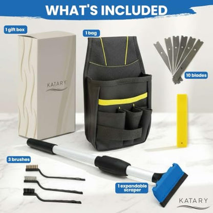 KATARY Razor Blade Floor Scraper, Wall Tile Scraper Tool with Razor Blade with Tool Bag and 3-Piece Cleaning Brush Set - Grout, Concrete and Glue Remover Kit