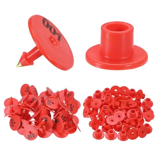 M METERXITY 50-Pack Cattle Ear Tags 001-050 Number, Plastic Round Livestock Ear Tags for Cows/Sheep/Cattle/Pig, Farm Animal Identification Markers [Red] - color: Red