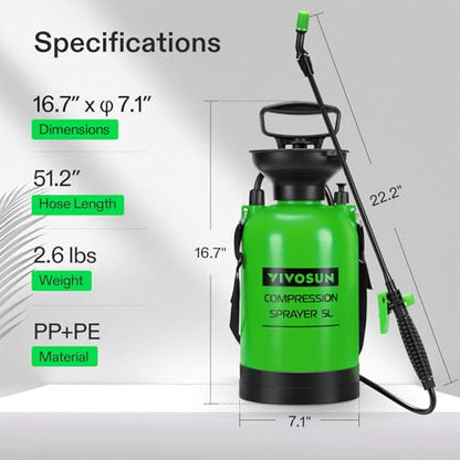VIVOSUN 1.35-Gallon Pump Sprayer, Pressurized Lawn & Garden Sprayer with Adjustable Shoulder Strap, for Plants Spraying, Garden Watering and Household Cleaning - color: Green, size: 1.35 Gallons