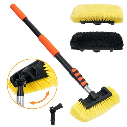 16FT Car Wash Brush with Long Handle Aluminium Telescoping Pole Angle Adapter with 2 Pcs 12" Soft and Hard Bristle Scratch-Free for Cleaning Car Truck RV House Floor Window Roof Solar Panels - size: 16 FT