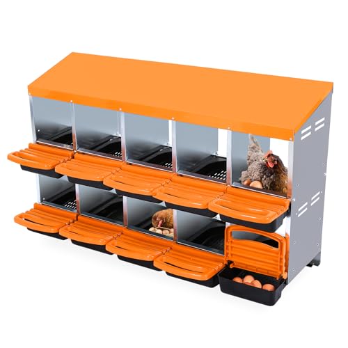 Chicken Nesting Boxes, Roll Away Nesting Box 10 Hole Metal Chicken Egg for Chicken Coop, Swing Perch and Rollout Egg Collection, Orange - color: Orange, size: 10 holes