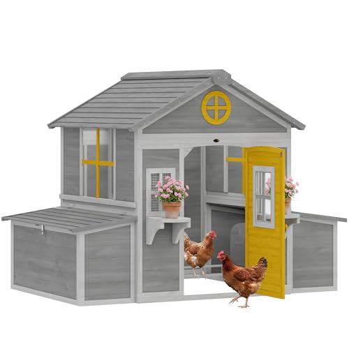 PawHut Wooden Chicken Coop, Hen House for 2-4 Hens, Outdoor Playhouse Poultry Cage with 2 Nesting Boxes, Waterproof Roof, Windows, Chicken Hutch for Farm Backyard, 72" x 50" x 54", Gray - color: Gray