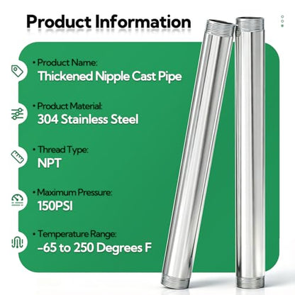 TAISHER 2Pcs Stainless Steel Pipe Fittings, 3/4" NPT x 3/4" NPT Male Threaded, 12" Length Nipple Cast Pipe - size: 3/4" MNPT 2pcs