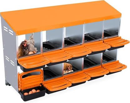 Chicken Nesting Box,10 Hole 2 Layer Hen Nest Boxes, Roll-Away Egg Collection System with Ventilation Holes，Rustproof Plastic Tray & Keyhole Mounting, Chicken Laying Box - color: Orange, size: 10 holes
