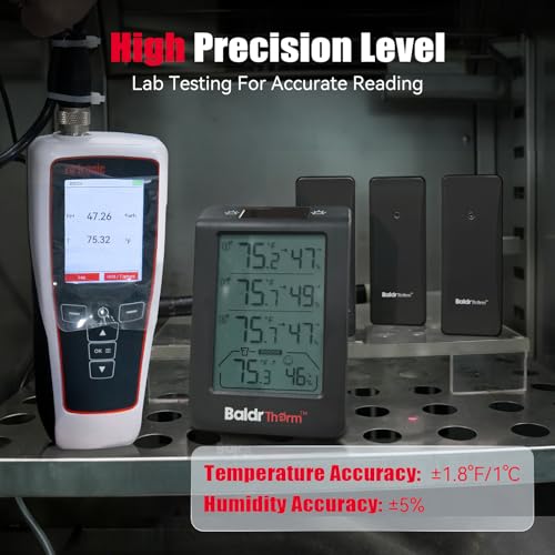 BaldrTherm Indoor Outdoor Thermometer Wireless, Temperature Humidity Monitor with 3 Remote Sensors, 4.8" Digital Display 330ft Range Real-Time Alerts Smart Backlight Hygrometer Thermometer, Black