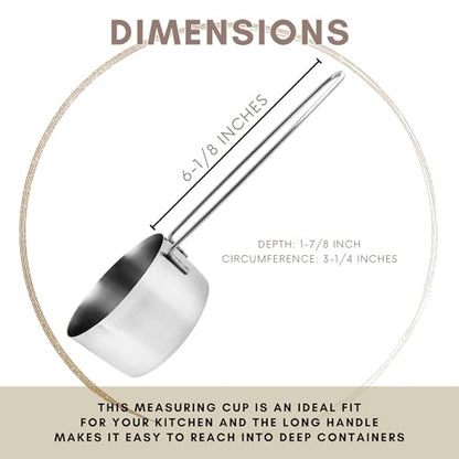 1 Cup Stainless Steel Measuring Cup, Long 6" Wire Loop Handle and Pour Spout | Sturdy Metal 250 ml | 240 cc | 8 oz | Single Cup for Wet and Dry Ingredients | Great for use as 1 Cup Dog Food Scoop - size: 1 Cup Long Handle