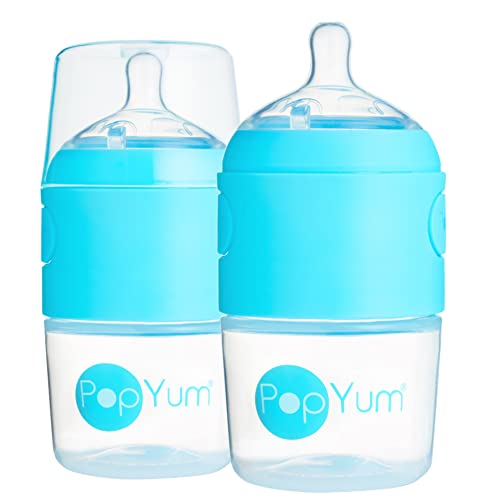 PopYum 5 oz Blue Anti-Colic Formula Making Baby Bottles, 2-Pack | #1 Slow Flow Nipples, 150 ml, BPA-Free, Natural Latch, Mixing Dispenser - color: Blue, size: 5 Ounce (Pack of 2)