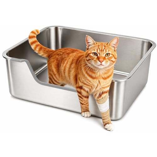 FHTONGE Low Entry Stainless Steel Cat Litter Box, Splash-Proof Hight Wall Metal Kitty Litter Box Kitten Toilet for Senior Arthritis Surgery Injured Disabled Munchkin Smaller Ppregnant Cat, 17.7x13.8 - size: 17.7x13.8"(45x35cm) for Small Cat