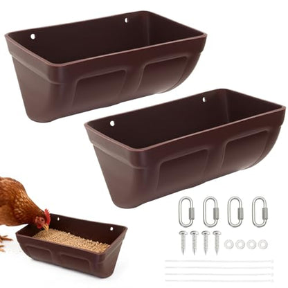 2 Pack Hanging Chicken Feeder Trough for Goat,Sheep,Dog.Livestock Feeding Container Goats Supplies Feeders Waterer Bucket (Brown) - color: Brown