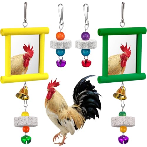 Sumind 2 Pieces Chicken Mirror Toys Hanging Swing Mirror with Bell Wooden Pecking Toy and 4 Pieces Beak Grinding Molar Stones for Hens Birds Parrots(Yellow,Green) - color: Yellow,Green