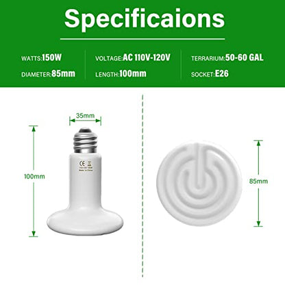 HealSmart Reptile Heat Lamp 150W Ceramic Heat Emitter, No Light Emitting Heat Bulbs for Amphibian Pet Brooder Coop Incubating Chicken, Lizard Bearded Dragon Turtle Snake Terrarium White - color: 1 Pcs (White), size: 150 Watts New