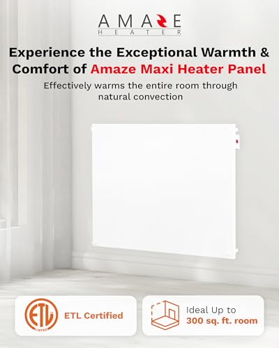 Large Room Indoor Heater - 600W Amaze Maxi Convection Panel Heater w/Wall Mount Kit, Up to 300 sq ft Room - 36”x24” Paintable, Energy Efficient, & Silent for Bathroom, RV or Garage- Amaze Heaters - size: 600W Maxi