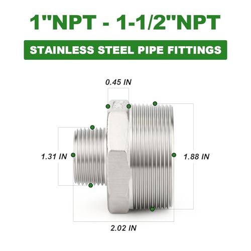 TAISHER 2PCS Cast 304 Stainless Steel Hex Nipple, Reducer Pipe Fitting 1-1/2" NPT Male x 1" NPT Male - size: 1-1/2" NPT x 1" NPT