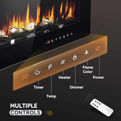 EUHOMY 50 Inch Electric Fireplace Wall Recessed and Wall Mounted with Adjustable Flame Color, Fireplace Heater with Remote Control, Linear Fireplace with Timer, Touch Screen, Log & Crystal, 750/1500W - size: 50 Inch