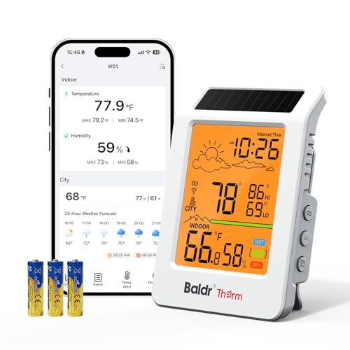 BaldrTherm WiFi Thermometer Hygrometer with Backlight, Weather & Time, Solar-Powered Indoor Outdoor Temperature Humidity Monitor with App Alerts, Weather Station for Greenhouse, Cellar & Baby Room