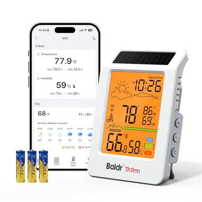 BaldrTherm WiFi Thermometer Hygrometer with Backlight, Weather & Time, Solar-Powered Indoor Outdoor Temperature Humidity Monitor with App Alerts, Weather Station for Greenhouse, Cellar & Baby Room