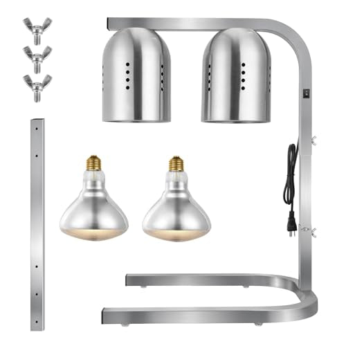 VEVOR Food Heat Lamp, 500W Bulbs, Commercial Food Warmer Light, Electric Stainless Steel French Fry Heating Lamp, Free-Standing, Catering Food Warming Equipment for Kitchen Buffet Restaurant, Silver