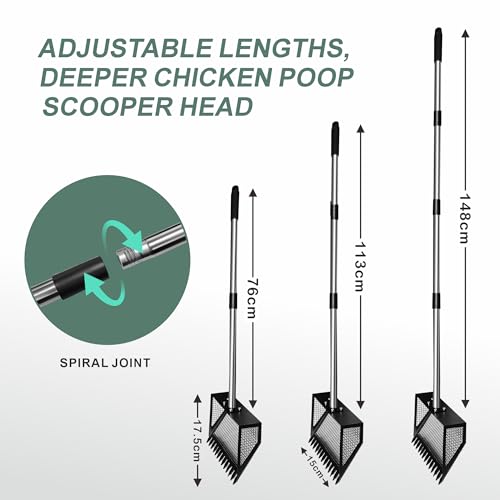 10" Chicken Poop Scooper & Rake Pooper Scooper Head for Sand Chicken Litter Scoop with Handle Litter Sifting Shovel with 29" to 56" Adjustable Handle Chicken Coop Accessories Tool for Clean