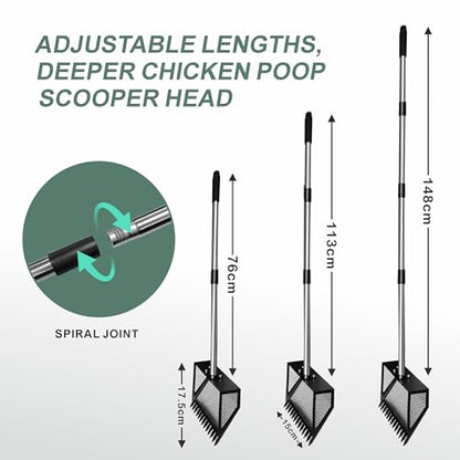 10" Chicken Poop Scooper & Rake Pooper Scooper Head for Sand Chicken Litter Scoop with Handle Litter Sifting Shovel with 29" to 56" Adjustable Handle Chicken Coop Accessories Tool for Clean