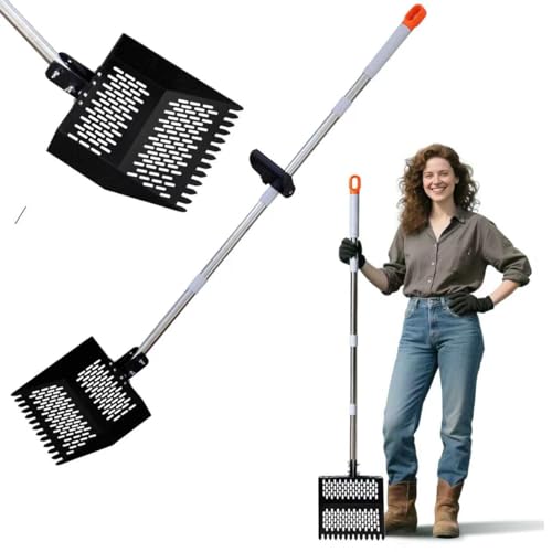 12inch Width Heavy Duty 2-in-1 Chicken Poop Scooper & Rake, Stainless Steel Chicken Coop Litter Sifting Shovel with Ergonomic Grip & Adjustable Angle, Sand Scoop for Coop, 37-54 Inch (12inch) - size: 12inch