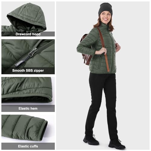 Outdoor Ventures Women's Packable Lightweight Full-Zip Puffer Jacket with Hood Quilted Winter Coat - color: Army Green(fold in Pocket), size: X-Small