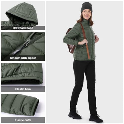 Outdoor Ventures Women's Packable Lightweight Full-Zip Puffer Jacket with Hood Quilted Winter Coat - color: Army Green(fold in Pocket), size: Large